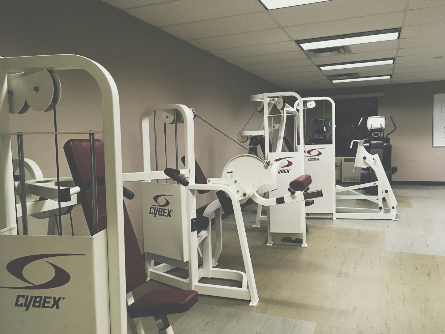 Máquinas de ejercicio modernas con marco blanco y tapicería granate en una sala de fitness.